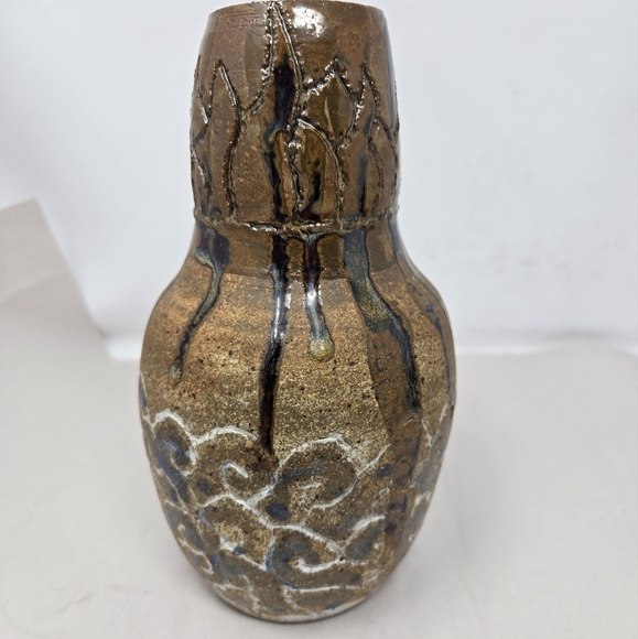 Rustic Pottery Vase Brown & Blue Dripped Glaze Round 7x4 Circumference 12.75 - Picture 4 of 10